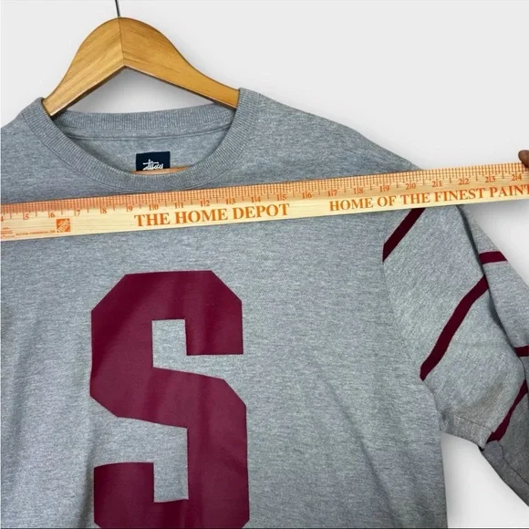 Vintage Stussy Sweatshirt Mens Large Gray Big S Logo Print Striped Sleeve Preppy - Picture 8 of 13